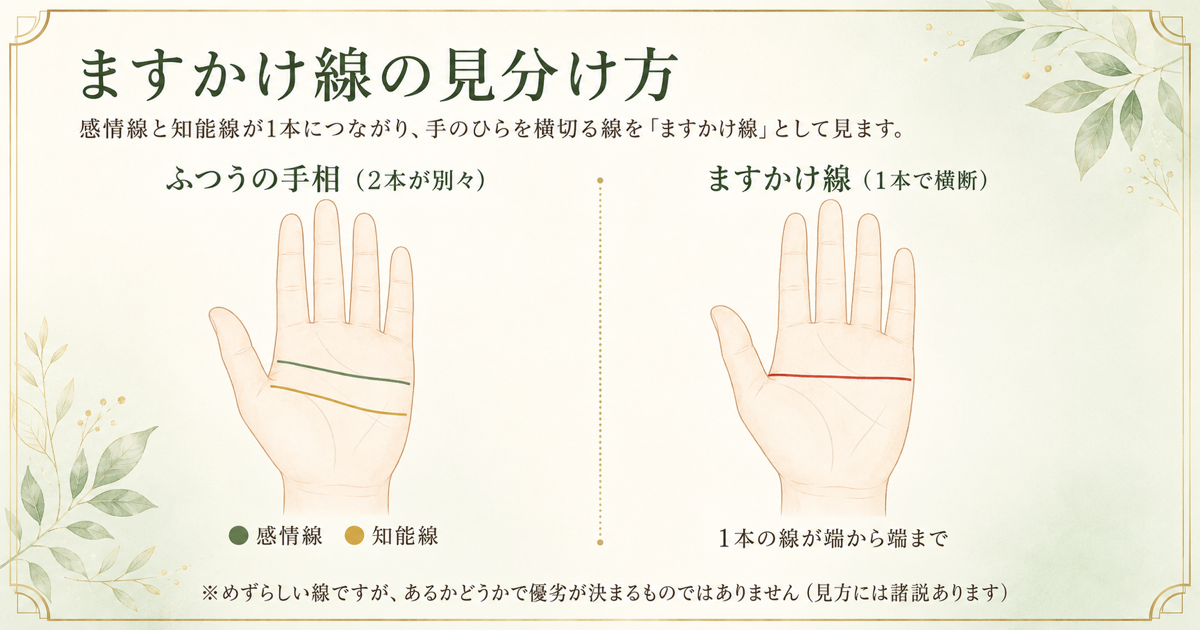 ますかけ線の見分け方。ふつうの手相（感情線と知能線が別々）と、ますかけ線（1本の線が手のひらを横断）の比較図