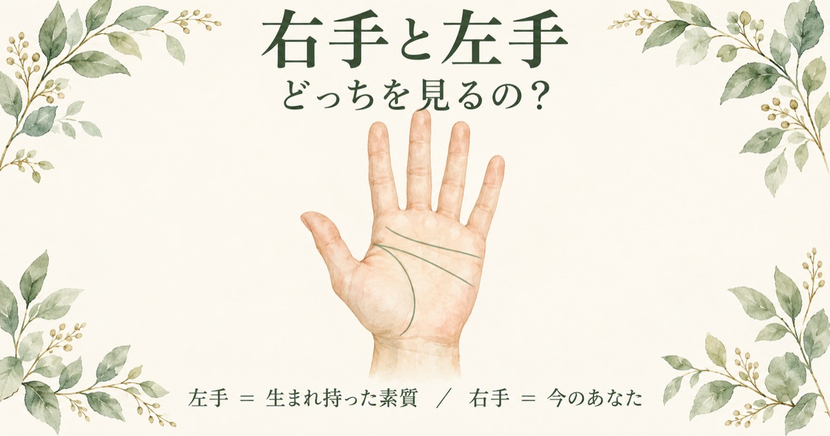 右手と左手の手相の違いを説明した画像。左手は生まれ持った素質、右手は今のあなたを表す