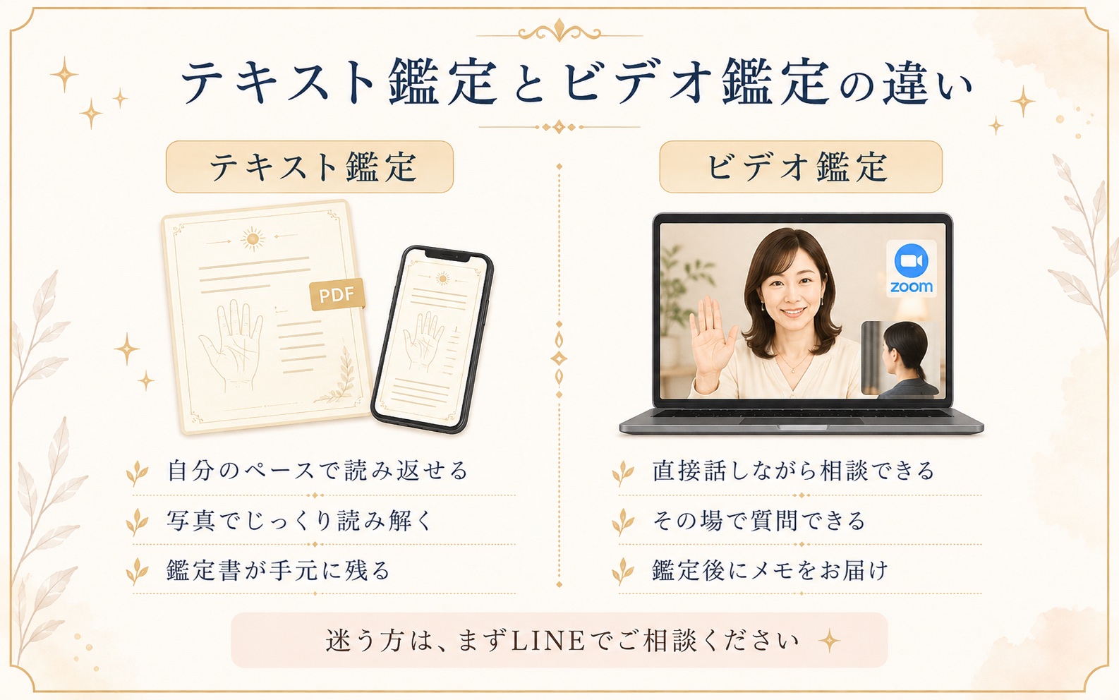 テキスト鑑定とビデオ鑑定の違いを説明した図解