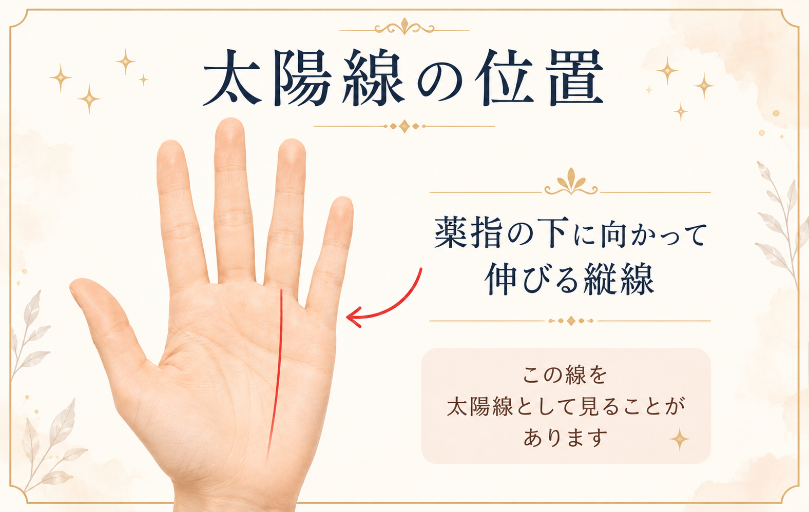 薬指の下に向かって伸びる縦線が太陽線であることを示した図解