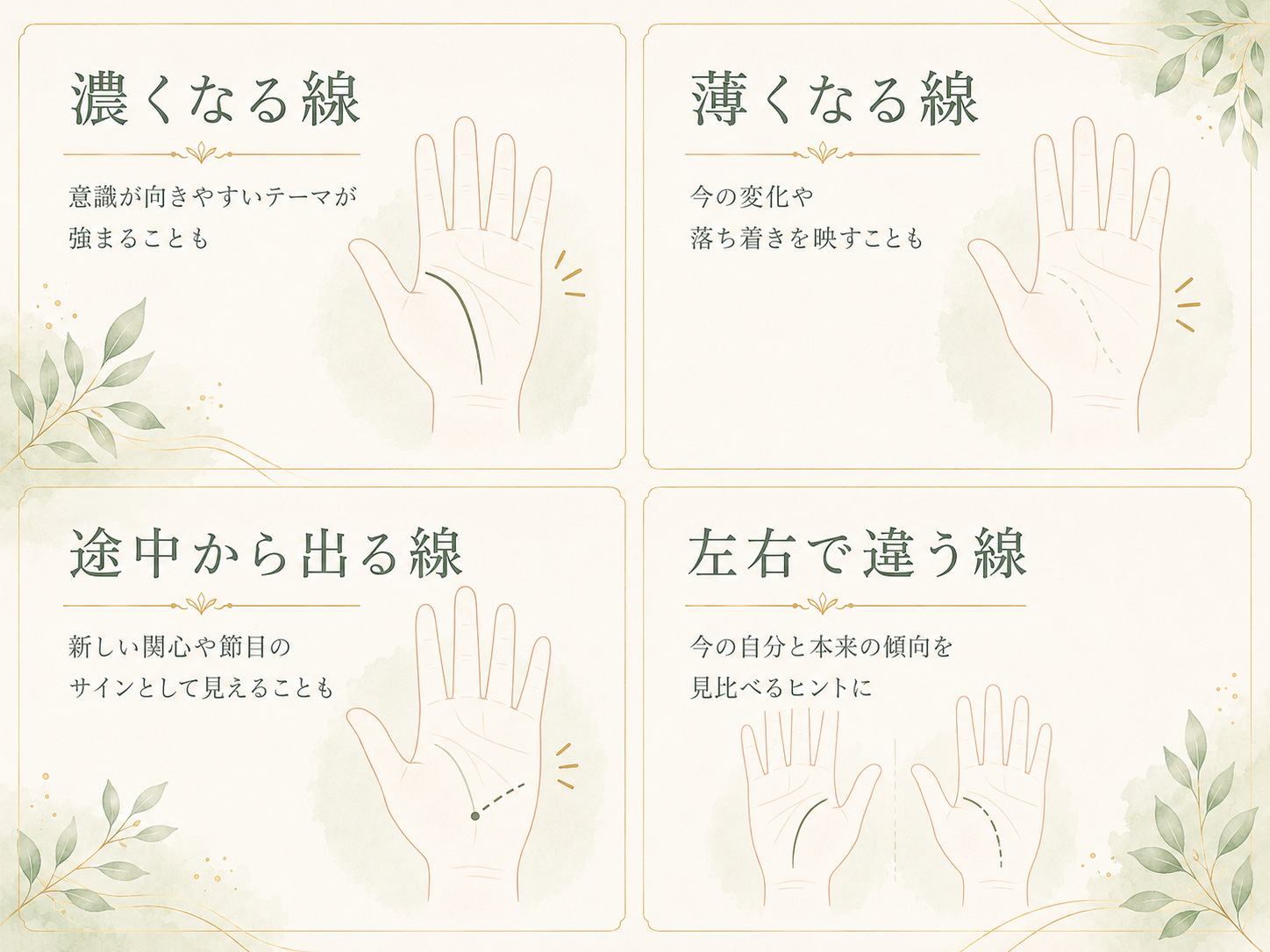 濃くなる線、薄くなる線、途中から出る線、左右で違う線の見方をまとめた図解