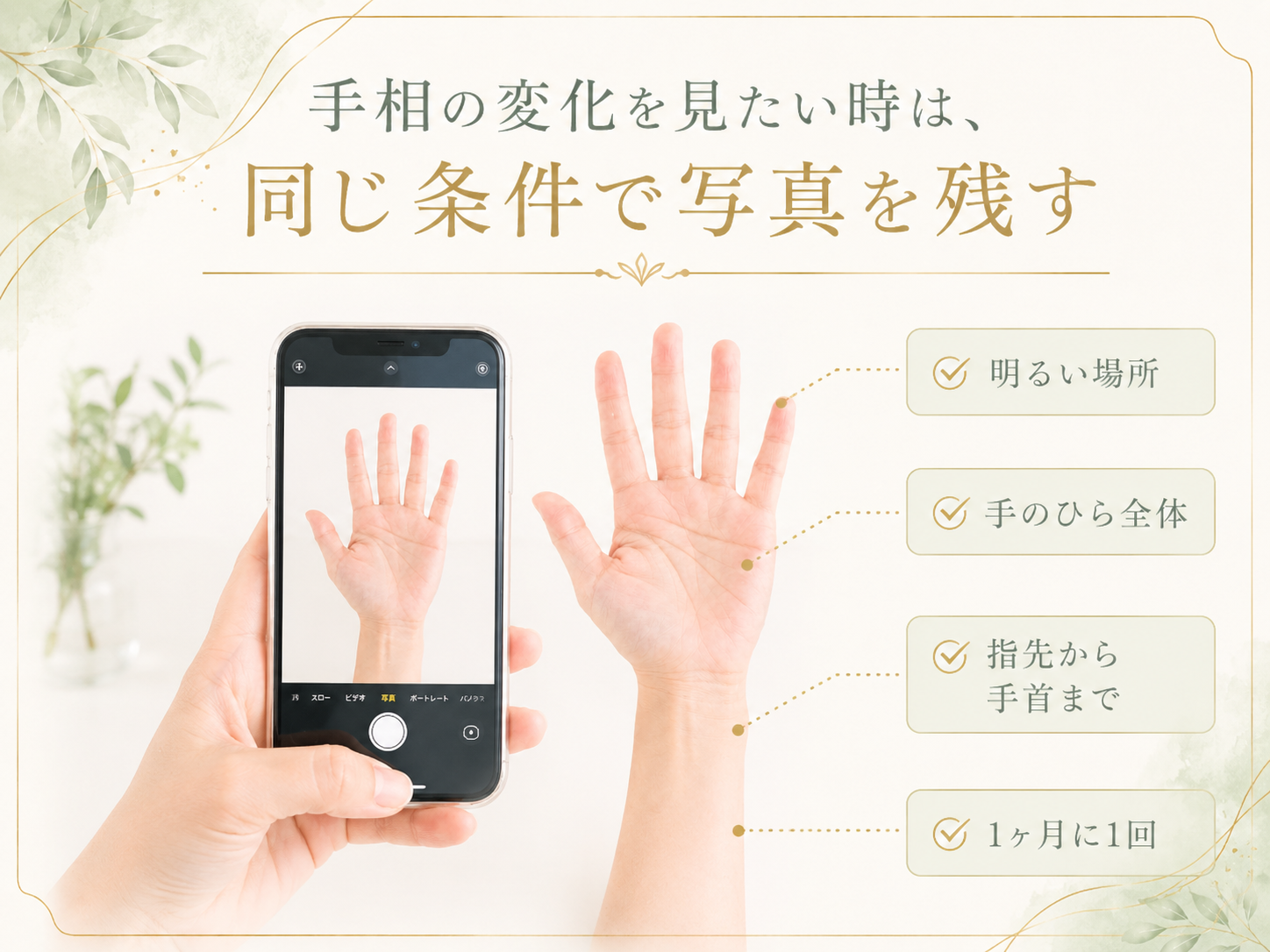 手相の変化を見たい時に同じ条件で写真を残す方法の図解